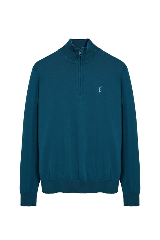 Verleihen Sie Ihrem Look eine raffinierte Note mit unserem Strickpullover aus Baumwolle für Herren. Er verfügt über einen praktischen halben Reißverschluss und gerippte Details an Kragen, Ärmeln und Taille für einen perfekten Sitz und eine ideale Passform. Das dezente marineblaue Nahtband am Kragen mit eingraviertem Polo Club Logo unterstreichen die Eleganz dieses Pullovers. Charakteristische Stickerei unseres Rigby Go-Logos in Kontrastfarbe auf der Brust. Ein vielseitiges Kleidungsstück, das sowohl zu einem lässigen als auch zu einem formelleren Look passt.
