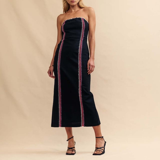 Women's Nobodys Child Raphaela Midaxi Dress. A total vibe. This black bandeau midaxi dress has been finished with statement whipstitching in white, red and pink. The detailing gives off a bohemian air that we’re seriously into. Elevate the look with barely-there sandals or wear her on holiday with summer sandals.- Concealed zip fastening.- Designed for a close cut.- Size tip: we recommend your usual size. Material: 100% Organic Cotton. Ref: D240572BLK.