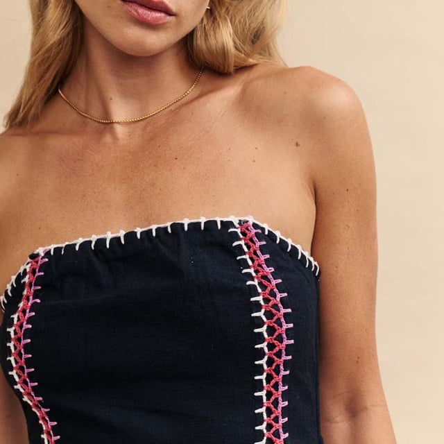 Women's Nobodys Child Raphaela Midaxi Dress. A total vibe. This black bandeau midaxi dress has been finished with statement whipstitching in white, red and pink. The detailing gives off a bohemian air that we’re seriously into. Elevate the look with barely-there sandals or wear her on holiday with summer sandals.- Concealed zip fastening.- Designed for a close cut.- Size tip: we recommend your usual size. Material: 100% Organic Cotton. Ref: D240572BLK.