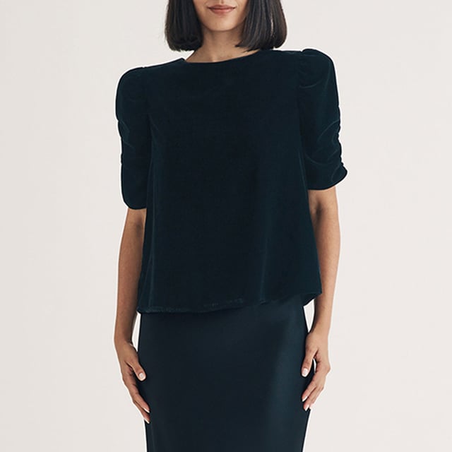 Women's Nobodys Child Velvet Gathered Sleeve Top. Your new favourite party top. Expertly crafted entirely from recycled materials, this classic black velvet number comes with pretty puff sleeves and a relaxed silhouette for comfort and style. Turn around to show off the statement bow and keyhole detailing at the back. Dress it down in the day with denim, or dazzle in a long slip skirt at night.- Crew neck.- Short puff sleeves.- Keyhole tie back fastening.- Designed for a relaxed fit. Material: 100% Polyester (Recycled). Ref: T241989BLK.