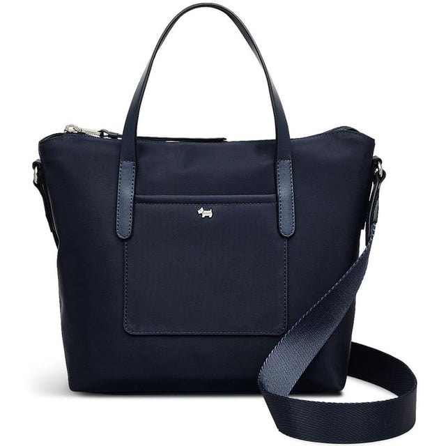 Womens blue Radley filey avenue handbag, manufactured with polyester. Featuring: top zip closure, gold hardware, adjustable shoulder strap, front pocket and height 24cm x width 30cm x depth 9cm.