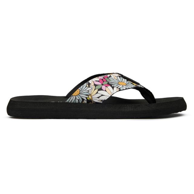 Zwarte Adios sandalen met bloemenprint voor dames, gemaakt van textiel en met een rubberen zool. Voorzien van: bloemenprint, neusstuk en Rocket Dog-logo.