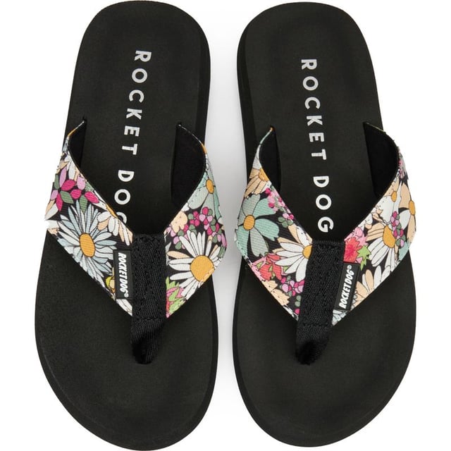 Zwarte Adios sandalen met bloemenprint voor dames, gemaakt van textiel en met een rubberen zool. Voorzien van: bloemenprint, neusstuk en Rocket Dog-logo.