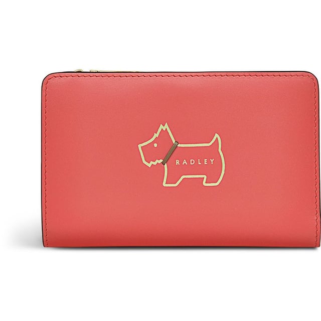 Womens pink Radley heritage dog outline purse. Featuring: zip closure, popper section, gold hardware, multiple card compartments and height 9cm x width 14cm x depth 3cm.