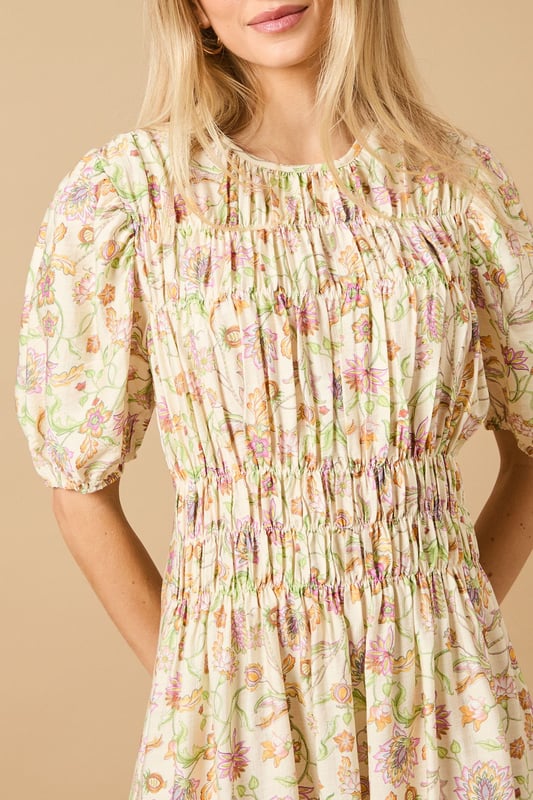 Beautifully shirred bodice creating a flattering silhouette
        Charming puff sleeves with elasticated cuffs for a feminine touch
        Elegant midi length perfect for day-to-evening versatility
        Crew neckline offering a classic, sophisticated finish
        All-over print design that adds visual interest to your wardrobe
    
    This delightful Oasis midi dress showcases the perfect blend of comfort and style with its intricately shirred bodice and charming puff sleeves. The flowing midi length creates an effortlessly feminine silhouette that's ideal for casual daywear occasions. Style with chunky sandals as shown for a contemporary daytime look, or pair with white trainers and a denim jacket for weekend brunches and family gatherings. The versatile design makes it perfect for garden parties or casual coffee dates with friends. For cooler days, layer with a lightweight cardigan and ankle boots to maintain that effortless charm. The shirred detailing adds texture while the all-over print ensures this piece will become a standout favourite in your wardrobe rotation.