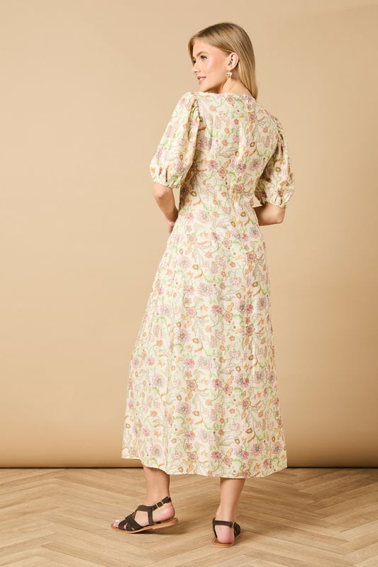 Beautifully shirred bodice creating a flattering silhouette
        Charming puff sleeves with elasticated cuffs for a feminine touch
        Elegant midi length perfect for day-to-evening versatility
        Crew neckline offering a classic, sophisticated finish
        All-over print design that adds visual interest to your wardrobe
    
    This delightful Oasis midi dress showcases the perfect blend of comfort and style with its intricately shirred bodice and charming puff sleeves. The flowing midi length creates an effortlessly feminine silhouette that's ideal for casual daywear occasions. Style with chunky sandals as shown for a contemporary daytime look, or pair with white trainers and a denim jacket for weekend brunches and family gatherings. The versatile design makes it perfect for garden parties or casual coffee dates with friends. For cooler days, layer with a lightweight cardigan and ankle boots to maintain that effortless charm. The shirred detailing adds texture while the all-over print ensures this piece will become a standout favourite in your wardrobe rotation.