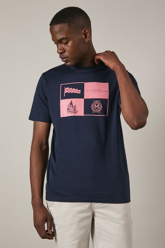 Crafted from soft cotton jersey for all-day comfort
        Features a distinctive sailing crest graphic print in contrasting hues
        Classic crew neck design with short sleeves for a timeless silhouette
        Straight hem with clean finishing for a polished appearance
        Part of the Maine collection, reflecting nautical heritage and style
    
    This Maine Sailing Crest Print T-shirt combines casual comfort with maritime charm. The striking quadrant design showcases nautical motifs including a sailing boat and crest emblem, perfect for adding character to your weekend wardrobe. Style as seen on our model with light-coloured shorts and crisp white trainers for an effortless summer look that works brilliantly for coastal walks or casual gatherings. For cooler evenings, layer under a lightweight bomber jacket or unstructured blazer. The versatile design transitions seamlessly from daytime outings to relaxed evening socials, making it an essential addition to your casual collection. Machine washable at 30 degrees, this t-shirt maintains its shape and graphic detail with proper care.