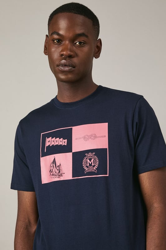 Crafted from soft cotton jersey for all-day comfort
        Features a distinctive sailing crest graphic print in contrasting hues
        Classic crew neck design with short sleeves for a timeless silhouette
        Straight hem with clean finishing for a polished appearance
        Part of the Maine collection, reflecting nautical heritage and style
    
    This Maine Sailing Crest Print T-shirt combines casual comfort with maritime charm. The striking quadrant design showcases nautical motifs including a sailing boat and crest emblem, perfect for adding character to your weekend wardrobe. Style as seen on our model with light-coloured shorts and crisp white trainers for an effortless summer look that works brilliantly for coastal walks or casual gatherings. For cooler evenings, layer under a lightweight bomber jacket or unstructured blazer. The versatile design transitions seamlessly from daytime outings to relaxed evening socials, making it an essential addition to your casual collection. Machine washable at 30 degrees, this t-shirt maintains its shape and graphic detail with proper care.