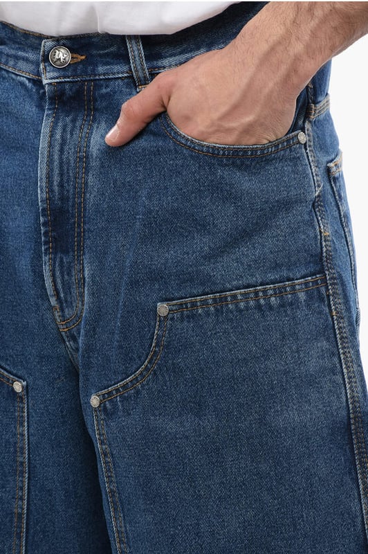 Primavera-Verano, Azul, Multibolsillos, Trabillas para cinturón, Algodón vaquero, Hecho en Italia, Pierna ancha y acampanada, Casual, Botones, Cierre de cremallera, Denim Rules