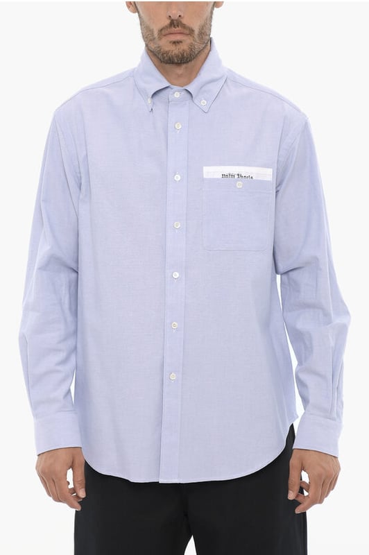 Primavera-Verano, Cuello abotonado, Azul claro, Botones, Mangas con botones, Mangas largas, Logotipo, Bordado, Bolsillo en el pecho, Hecho en Italia, Cierre delantero, SAN VALENTÍN