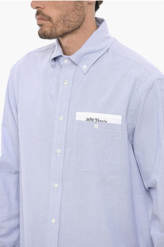Primavera-Verano, Cuello abotonado, Azul claro, Botones, Mangas con botones, Mangas largas, Logotipo, Bordado, Bolsillo en el pecho, Hecho en Italia, Cierre delantero, SAN VALENTÍN