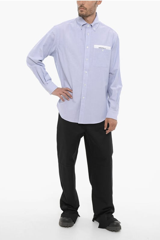 Primavera-Verano, Cuello abotonado, Azul claro, Botones, Mangas con botones, Mangas largas, Logotipo, Bordado, Bolsillo en el pecho, Hecho en Italia, Cierre delantero, SAN VALENTÍN