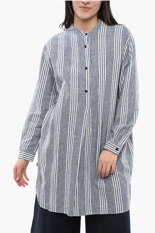Primavera-Verano, Cuello chino, Azul claro, Rayas, Botones, Mangas largas, Mangas con botones, Hecho en Portugal, Cierre delantero
