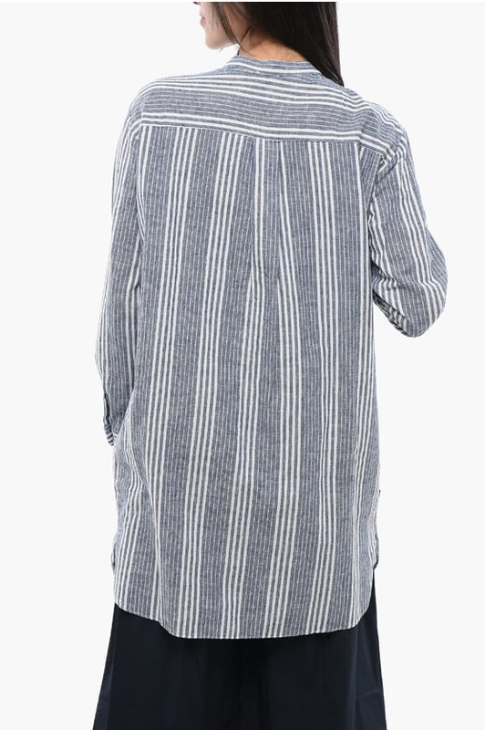 Primavera-Verano, Cuello chino, Azul claro, Rayas, Botones, Mangas largas, Mangas con botones, Hecho en Portugal, Cierre delantero