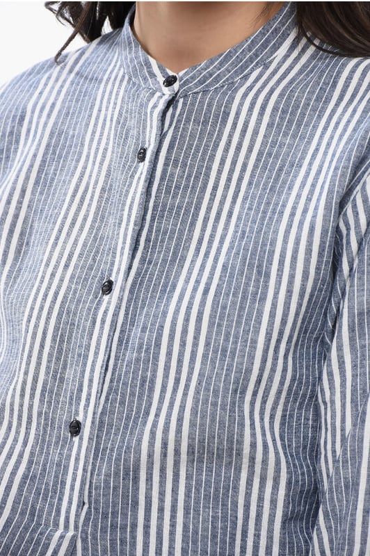 Primavera-Verano, Cuello chino, Azul claro, Rayas, Botones, Mangas largas, Mangas con botones, Hecho en Portugal, Cierre delantero