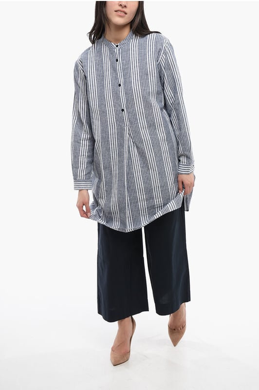 Primavera-Verano, Cuello chino, Azul claro, Rayas, Botones, Mangas largas, Mangas con botones, Hecho en Portugal, Cierre delantero