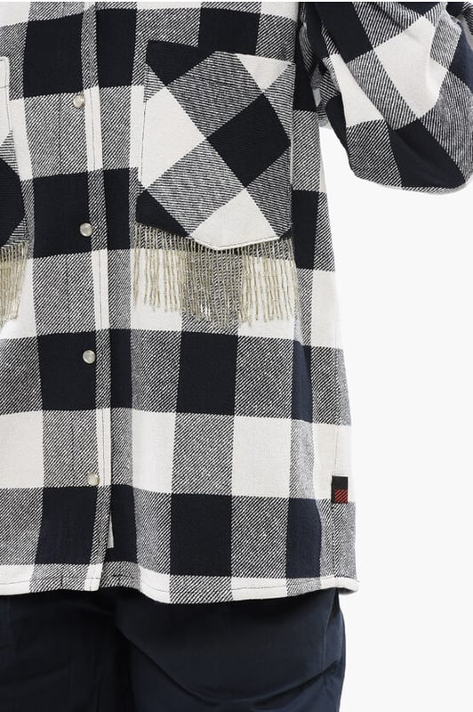 Primavera-Verano, Cuello francés, Blanco y negro, Diseño de cuadros, 2 bolsillos, Flecos, Mangas largas, Botones, Mangas con botones, Hecho en Italia, Cierre delantero