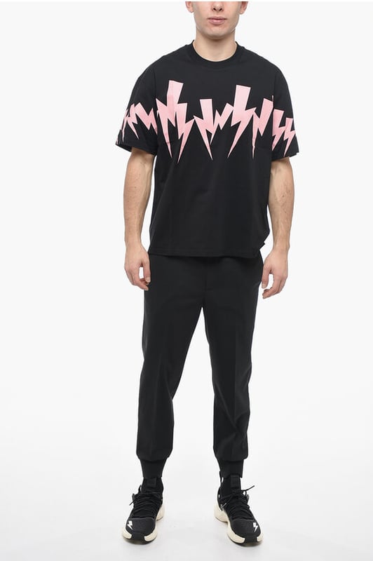 Primavera-Verano, Negro, Logotipo, Mangas cortas, Jersey, Estampado, Hecho en Portugal, Escote redondo, Corte ajustado - Hombros caídos