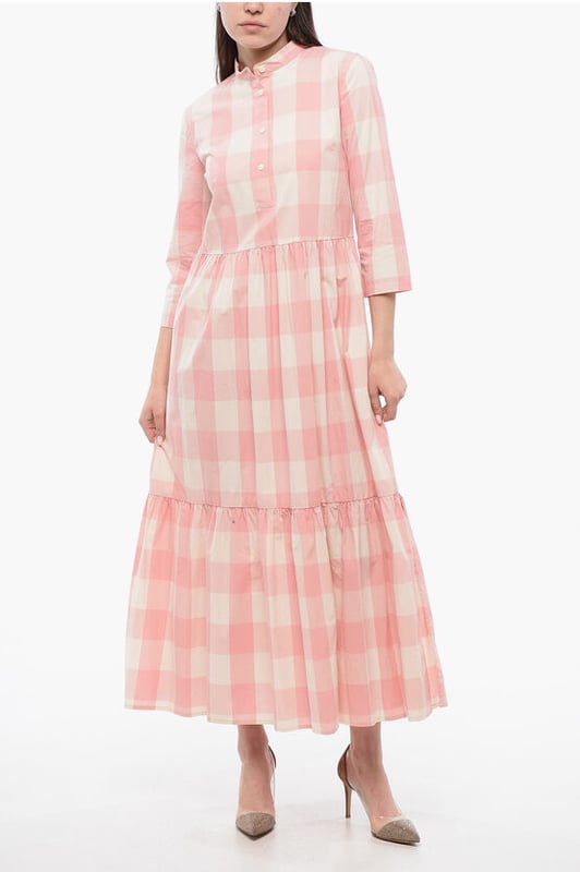 Frühling-Sommer, Rosa, Lange Ärmel, Karomuster, Knöpfe, Weiß