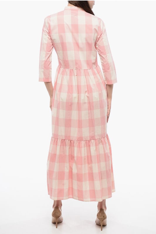 Frühling-Sommer, Rosa, Lange Ärmel, Karomuster, Knöpfe, Weiß