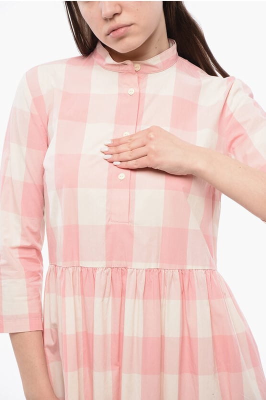 Frühling-Sommer, Rosa, Lange Ärmel, Karomuster, Knöpfe, Weiß