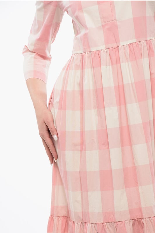 Frühling-Sommer, Rosa, Lange Ärmel, Karomuster, Knöpfe, Weiß