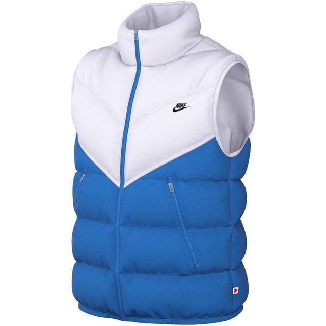 Mejora tu estilo casual con este llamativo chaleco Nike blanco/azul. Esta chaqueta sin mangas para hombre combina un diseño atrevido con bloques de color y la calidad característica de Nike, perfecta para usar en cualquier temporada. Una prenda imprescindible para tu armario deportivo. 100 % poliamida