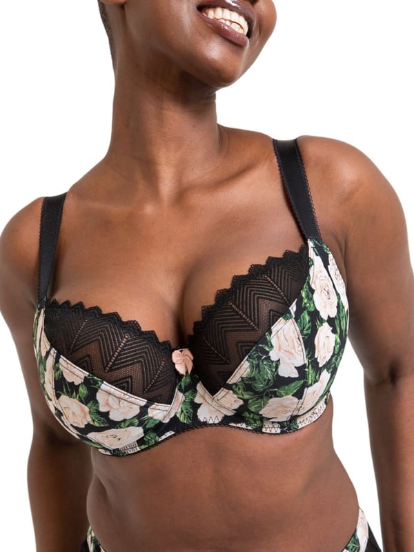 Curvy Kate Wild One Balcony Bra. Underwired non padded balcony with a geometric patterened stretch lace for flexibility of fit and supportive simplex cups. The product is recommended for hand wash only.
