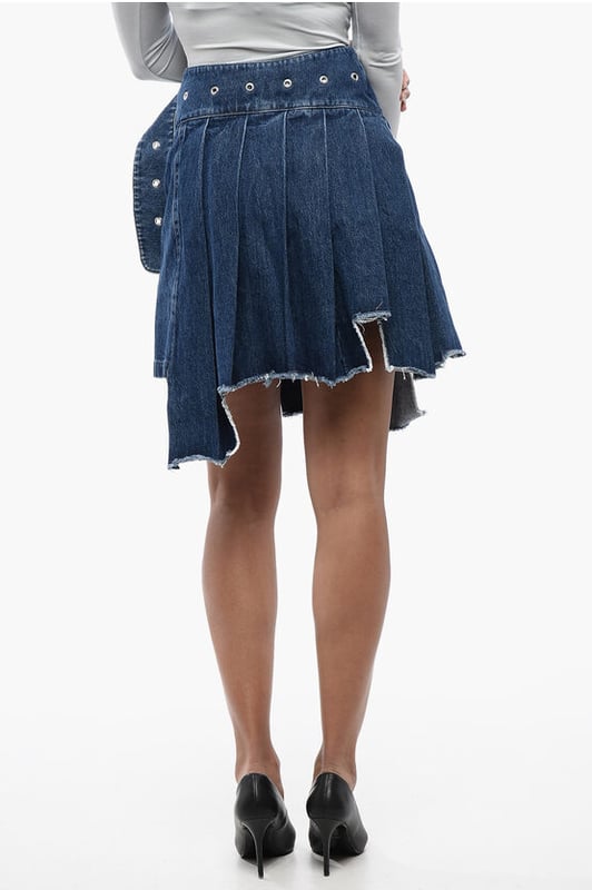 Denim Rules, Lente-Zomer, Blauw, Knopen, Riem, Riemlussen, Gesp, Asymmetrisch, Geplooide details, Gemaakt in Italië, Denimkatoen