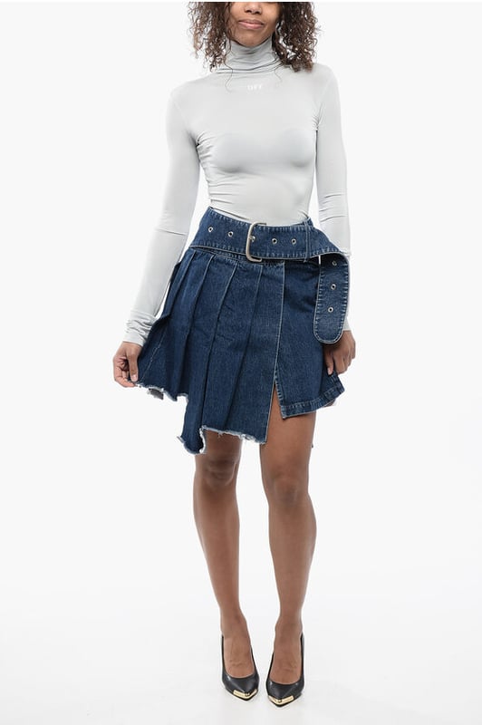 Denim Rules, Lente-Zomer, Blauw, Knopen, Riem, Riemlussen, Gesp, Asymmetrisch, Geplooide details, Gemaakt in Italië, Denimkatoen