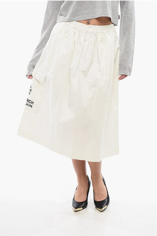 Primavera-Verano, Blanco, Cintura elástica, Logotipo, Estampado, Bolsillos, Vestido evasé, Casual