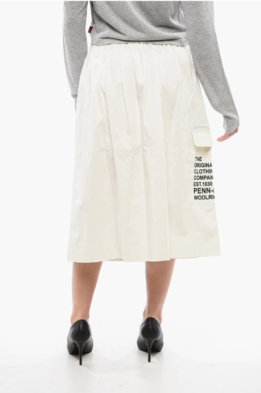 Primavera-Verano, Blanco, Cintura elástica, Logotipo, Estampado, Bolsillos, Vestido evasé, Casual
