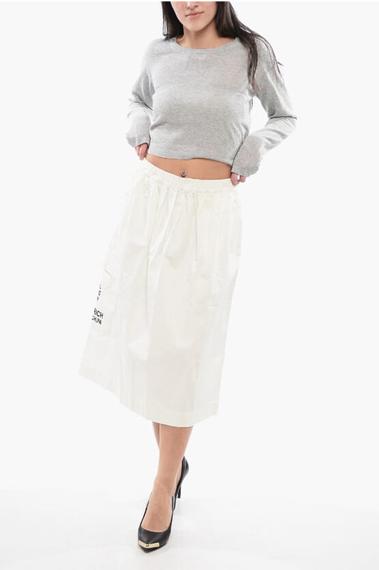 Primavera-Verano, Blanco, Cintura elástica, Logotipo, Estampado, Bolsillos, Vestido evasé, Casual