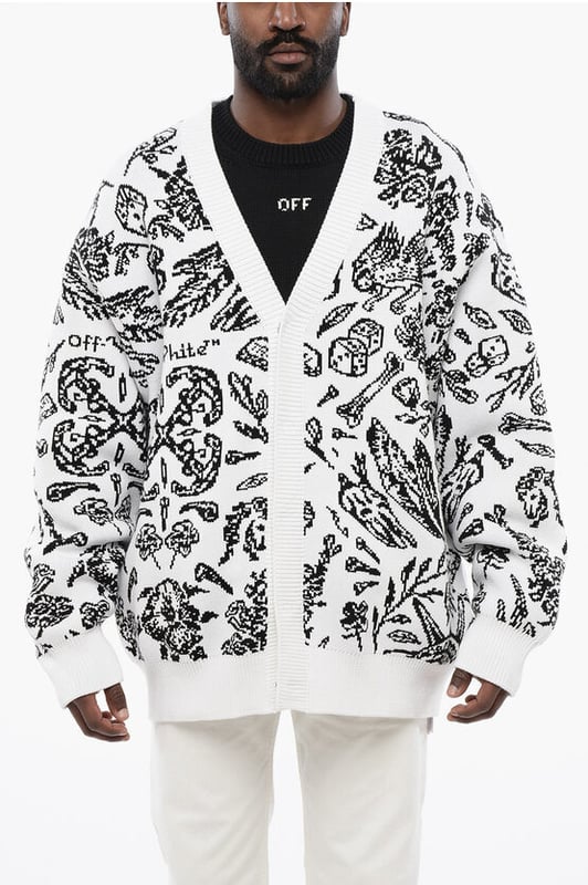 Primavera-Verano, Blanco y negro, Botones, Estampado, Mangas largas, Cierre de cremallera, Logotipo, Hecho en Italia, Cárdigan, Cuello en pico