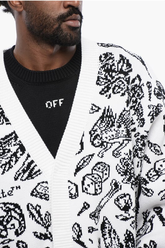 Primavera-Verano, Blanco y negro, Botones, Estampado, Mangas largas, Cierre de cremallera, Logotipo, Hecho en Italia, Cárdigan, Cuello en pico