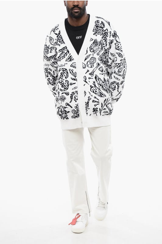 Primavera-Verano, Blanco y negro, Botones, Estampado, Mangas largas, Cierre de cremallera, Logotipo, Hecho en Italia, Cárdigan, Cuello en pico