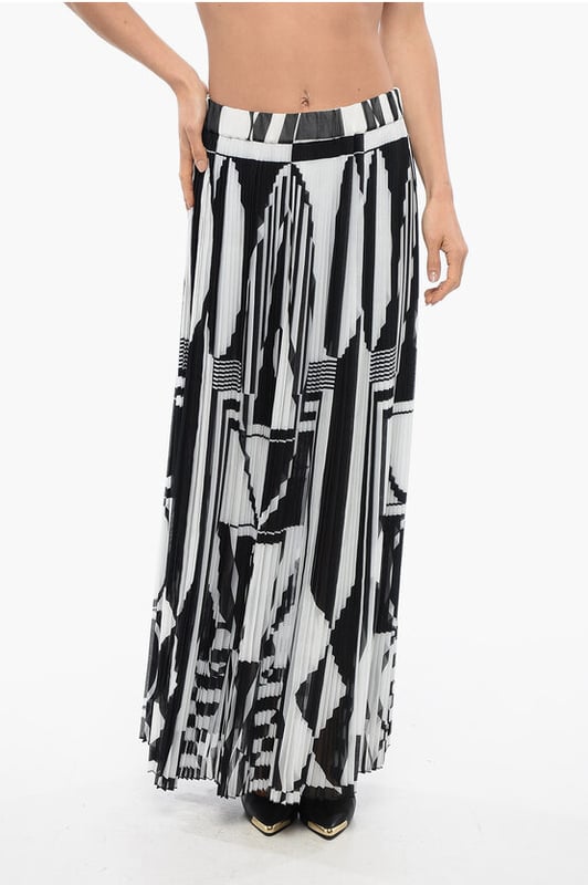 Primavera-Verano, Blanco y Negro, Vestido evasé, Cintura elástica, Plisado, Estampado