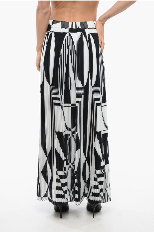 Primavera-Verano, Blanco y Negro, Vestido evasé, Cintura elástica, Plisado, Estampado