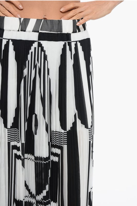 Primavera-Verano, Blanco y Negro, Vestido evasé, Cintura elástica, Plisado, Estampado