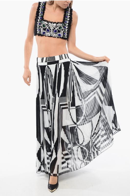 Primavera-Verano, Blanco y Negro, Vestido evasé, Cintura elástica, Plisado, Estampado