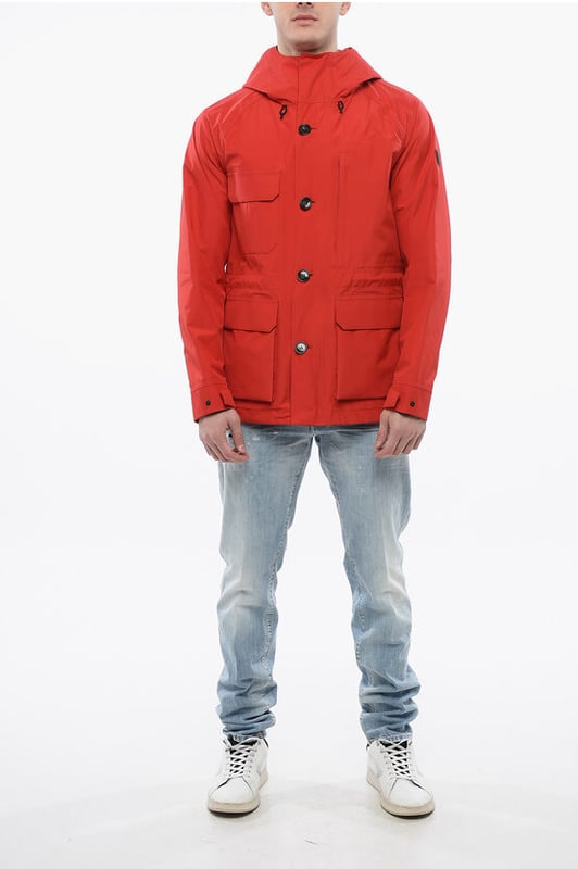 Frühling-Sommer, Rot, Kapuze, Knöpfe, Taschen, Lange Ärmel