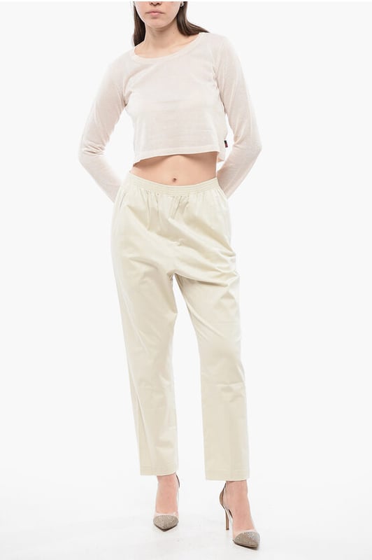 Lente-Zomer, Beige, 3 zakken, Elastische tailleband, Gemaakt in Italië, Platte voorkant, Normale taille, AARDE NUANCES