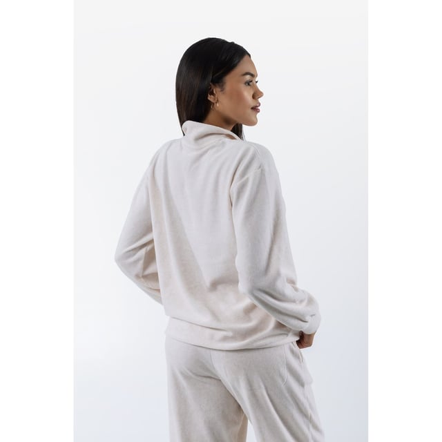 Oversized Tracktop aus Baumwollvelours in Hafer-Melange. Dieser Viertelzip-Pullover verfügt über einen Stehkragen mit tonal gesticktem 'JC'-Logo auf der Brust, geripptem Bund und Bündchen und ist mit einem klassischen gothischen Schriftzug 'J' als Reißverschluss-Zip-Zug in goldener Hardware versehen.