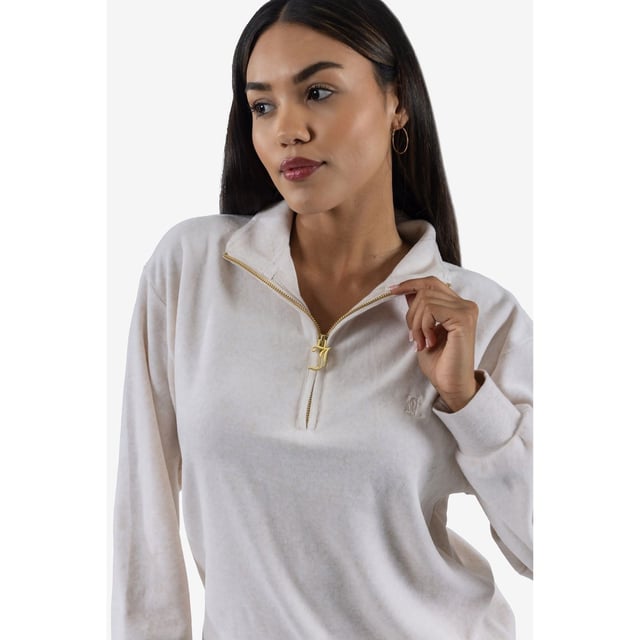 Oversized Tracktop aus Baumwollvelours in Hafer-Melange. Dieser Viertelzip-Pullover verfügt über einen Stehkragen mit tonal gesticktem 'JC'-Logo auf der Brust, geripptem Bund und Bündchen und ist mit einem klassischen gothischen Schriftzug 'J' als Reißverschluss-Zip-Zug in goldener Hardware versehen.