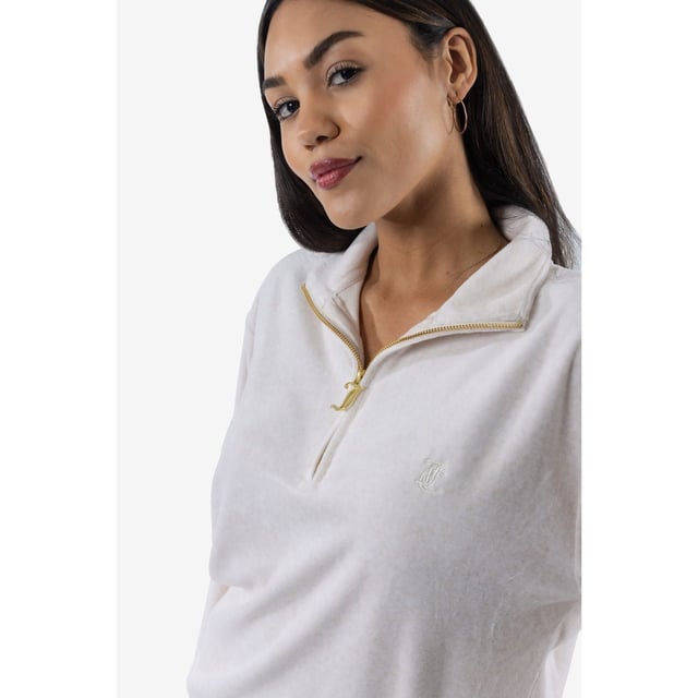 Oversized Tracktop aus Baumwollvelours in Hafer-Melange. Dieser Viertelzip-Pullover verfügt über einen Stehkragen mit tonal gesticktem 'JC'-Logo auf der Brust, geripptem Bund und Bündchen und ist mit einem klassischen gothischen Schriftzug 'J' als Reißverschluss-Zip-Zug in goldener Hardware versehen.