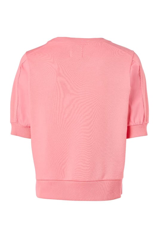 Deze pastelroze Calgary sweater brengt een frisse kleurboost aan je lente- en zomeroutfit. De sweater is gemaakt van twee verschillende katoenen materialen. De luchtige geweven katoenen mouwen zorgen voor een verrassend effect, terwijl de korte mouwen met ribboord een stoere uitstraling hebben. Zowel de ronde halslijn als de taillezoom zijn afgewerkt met een zachte ribboord, wat een casual look geeft. Een sportief element wordt toegevoegd door het V-vormige stiksel bij de halslijn op het voorpand. De doorgestikte naden op de mouwen lopen door tot aan de schouders, wat de mouwen accentueert.Door de combinatie van materialen is deze sweater een uniek item dat het beste van een sweater en blouse combineert. Draag de Calgary short sleeve sweater op een frisse lentedag met het stoere Montreal jasje. De luchtige katoenen materialen maken het ook ideaal voor warmer weer. Style de sweater met mooie sieraden om de sportieve top een chique en geklede uitstraling te geven.