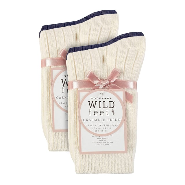 Wildfeet - Ladies 4 Pair Multi Pack Cashmere Bed Socks: These ladies’ Wildfeet Cashmere Socks are the socks of luxury and comfort. Made from a blend of natural wool, viscose, and cashmere, they are designed to provide warmth and cosiness throughout the day, whether you're running errands or relaxing at home. These socks offer the perfect balance of luxury and practicality with a blend of wool, viscose, and cashmere. The soft and comfortable material provides warmth and insulation to keep your feet cosy in the cold weather while also being breathable and moisture-wicking. The combination of fibres makes these socks more durable, ensuring long-lasting wear, while the ribbed leg enhances comfort. These 4 pairs of Wildfeet Cashmere Socks come in 2 gift boxes and attractively wrapped with a satin ribbon bow, which makes them ideal for gifting to friends or family. . Wild Feet is a range of socks featuring cool designs, bold colours and quirky catchphrases - from pugs and penguins, to lions and llamas!. There are 14 colours to choose from. They come in one size Ladies 4-8 UK, are made from 37% Wool, 27% Viscose, 24% Polyamide, 11% Cashmere, 1% Elastane and are machine washable. Extra Product Details: Ladies Wildfeet Bed Socks Wool & Cashmere Blend Fibres 14 Great Colour Options Made For Relaxing Ribbed Legs 4 Pairs Value Pack A Great Gift Idea The Ideal Stocking Filler Soft & Breathable