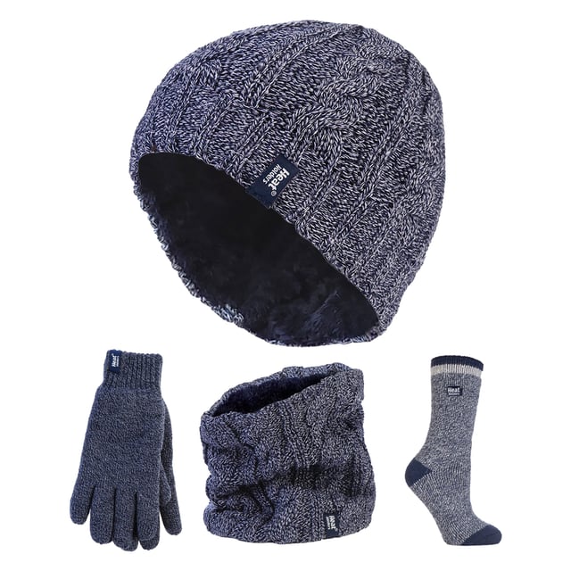 Heat Holders - Ladies Set - Hat / Gloves / Neckwarmer / Twist Socks: Wrap yourself in complete comfort with the Heat Holders Ladies Winter Set, including a thermal hat, gloves, neckwarmer, and cosy twist socks. Designed to keep you warm from head to toe, each piece in this set is crafted with Heat Holders’ advanced thermal technology, providing exceptional insulation for cold winter days. Whether you're heading out for a frosty walk or enjoying a relaxed day indoors, this set ensures warmth and style in every moment. The thermal hat and neckwarmer offer full head and neck coverage, ideal for blocking out icy winds. The gloves are lined with HeatWeaver thermal fabric, delivering a soft and snug feel while locking in heat. Completing the set, the twist socks are thick, plush, and perfect for keeping your feet warm during the chilliest weather. With various colour options and sizes (S/M and M/L), this set makes a practical yet thoughtful gift or a reliable winter essential for yourself. Extra Product Details: Includes: Thermal hat, gloves, neckwarmer, twist socks Thermal lining: HeatWeaver insulation Sizes: S/M, M/L Colours: Multiple options available Ideal for cold weather Great gift idea Soft, plush, and cosy feel throughout. Stay warm and stylish with this complete winter-ready accessory set.