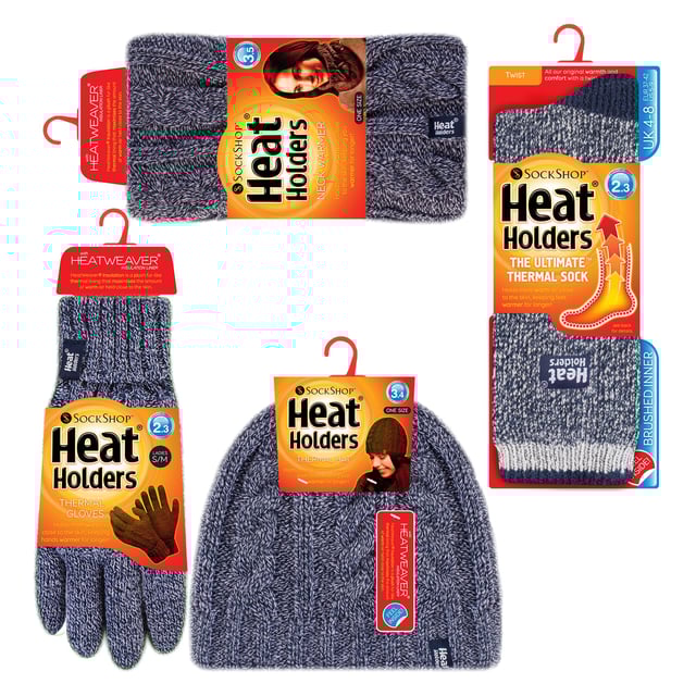Heat Holders - Ladies Set - Hat / Gloves / Neckwarmer / Twist Socks: Wrap yourself in complete comfort with the Heat Holders Ladies Winter Set, including a thermal hat, gloves, neckwarmer, and cosy twist socks. Designed to keep you warm from head to toe, each piece in this set is crafted with Heat Holders’ advanced thermal technology, providing exceptional insulation for cold winter days. Whether you're heading out for a frosty walk or enjoying a relaxed day indoors, this set ensures warmth and style in every moment. The thermal hat and neckwarmer offer full head and neck coverage, ideal for blocking out icy winds. The gloves are lined with HeatWeaver thermal fabric, delivering a soft and snug feel while locking in heat. Completing the set, the twist socks are thick, plush, and perfect for keeping your feet warm during the chilliest weather. With various colour options and sizes (S/M and M/L), this set makes a practical yet thoughtful gift or a reliable winter essential for yourself. Extra Product Details: Includes: Thermal hat, gloves, neckwarmer, twist socks Thermal lining: HeatWeaver insulation Sizes: S/M, M/L Colours: Multiple options available Ideal for cold weather Great gift idea Soft, plush, and cosy feel throughout. Stay warm and stylish with this complete winter-ready accessory set.