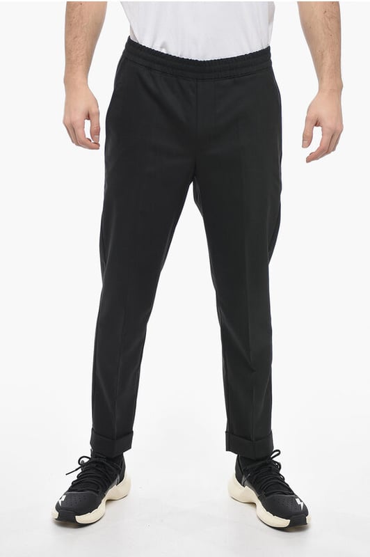 Cintura con cordón, Primavera-Verano, Negro, Cintura elástica, Botones, Hecho en Italia, Bolsillo de ojal, Bolsillos con botones, Parte delantera plana, Cintura baja, Elástico, Bolsillos, Corte ajustado - Tiro bajo